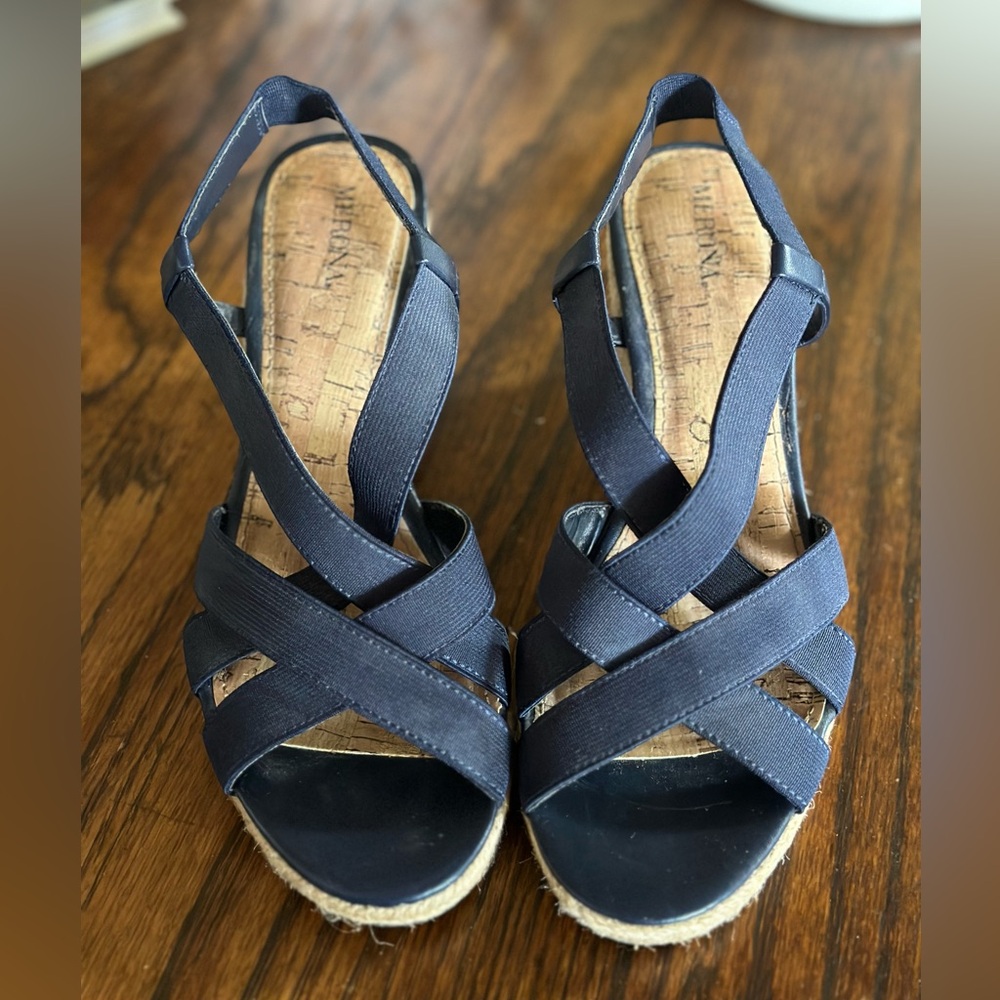 Woven wedge sandals, navy blue Merona Target brand, size 8.5